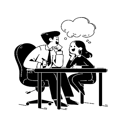 전신 커플 여자 남자 말풍선 일러스트 회의 아이디어 직장 앉기 성인 두명 마주보기 검은색 턱괴기 업무 직장인 집중 책상 바퀴의자 성인만 국내일러스트 AI파일 직업 컬러 가구 컨셉 의자 회사 비즈니스 관계 모션 사람 작업 파일형식 벡터