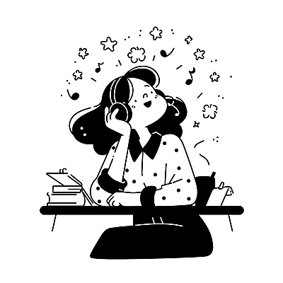 여자 행복 일러스트 비즈니스 직장 한명 앉기 성인 책 반짝임 검은색 헤드폰 잡기 업무 직장인 집중 책상 성인여자한명만 국내일러스트 AI파일 직업 1 감정 컬러 음향기기 가구 컨셉 회사 모션 사람 작업 여자한명만 성인여자만 파일형식 벡터