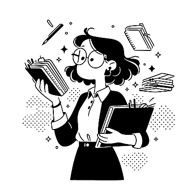 여자 일러스트 비즈니스 아이디어 직장 한명 들기 정장 상반신 성인 책 반짝임 펜 검은색 업무 직장인 집중 문서 스프링노트 성인여자한명만 안경낌 국내일러스트 AI파일 직업 1 옷 안경 컬러 컨셉 회사 모션 사람 필기구 공책 작업 여자한명만 성인여자만 파일형식 벡터