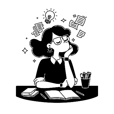 여자 일러스트 비즈니스 전구 아이디어 직장 한명 상반신 성인 책 반짝임 눈감음 검은색 턱괴기 메모지 업무 직장인 집중 책상 문서 연필꽂이 성인여자한명만 안경낌 국내일러스트 AI파일 직업 1 안경 컬러 가구 컨셉 회사 모션 문구용품 사람 사무용품 작업 여자한명만 성인여자만 파일형식 벡터