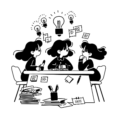 여자 일러스트 전구 회의 아이디어 직장 대화 앉기 성인 책 세명 필기구 검은색 턱괴기 메모지 업무 직장인 집중 책상 문서 연필꽂이 성인여자만 국내일러스트 AI파일 직업 컬러 가구 컨셉 회사 비즈니스 모션 문구용품 말하기 사람 사무용품 작업 여자만 성인만 파일형식 벡터