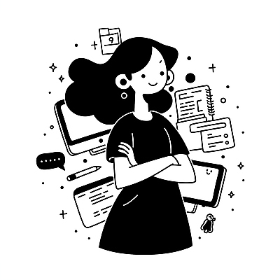 여자 일러스트 비즈니스 아이디어 직장 한명 상반신 성인 연필 팔짱 모니터 검은색 공책 업무 직장인 자신감 집중 문서 성인여자한명만 국내일러스트 AI파일 직업 1 감정 컬러 컨셉 회사 모션 문구용품 학용품 사람 컴퓨터 필기구 작업 여자한명만 성인여자만 파일형식 벡터