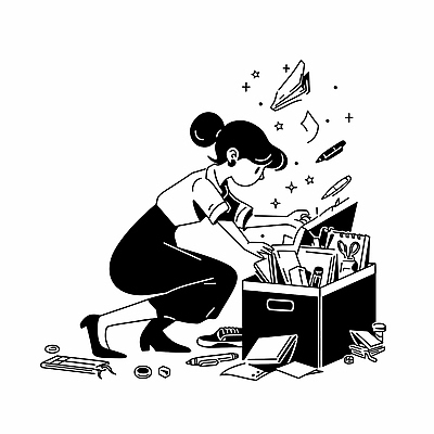 전신 여자 일러스트 비즈니스 문구용품 아이디어 직장 한명 앉기 성인 반짝임 검은색 업무 직장인 집중 문서 찾기 파일박스 성인여자한명만 국내일러스트 AI파일 직업 1 컬러 컨셉 회사 모션 사람 상자 작업 오브젝트 여자한명만 성인여자만 파일형식 벡터