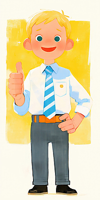 JPG 남자 허리손 일러스트 청소년 넥타이 한명 서기 미소 노란색 최고 십대남자한명만 국내일러스트 AI일러스트 AI콘텐츠 1 잡화 컬러 포즈 모션 표정 사람 남자한명만 십대남자만 파일형식