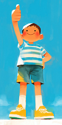 JPG 남자 어린이 허리손 일러스트 하늘 한명 서기 미소 웃음 소년 파란색 최고 소년한명만 국내일러스트 AI일러스트 AI콘텐츠 1 컬러 포즈 모션 표정 사람 남자한명만 소년만 파일형식