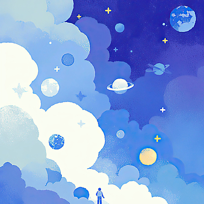 JPG 전신 구름 일러스트 한명 성인 파란색 반짝임 우주 행성 우주비행사 몽환 성인한명만 국내일러스트 AI일러스트 AI콘텐츠 자연요소 1 컬러 컨셉 모션 사람 성인만 파일형식