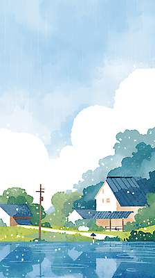 JPG 나무 구름 길 호수 일러스트 하늘 수채화 주택 풍경 사람없음 파란색 풀 비 전봇대 감성 흐림 국내일러스트 AI일러스트 AI콘텐츠 자연요소 식물 공공시설 컬러 컨셉 날씨 건물 파일형식