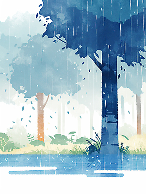 JPG 나무 호수 일러스트 하늘 나뭇잎 수채화 풍경 사람없음 파란색 비 감성 흐림 국내일러스트 AI일러스트 AI콘텐츠 자연요소 식물 컬러 컨셉 잎 날씨 파일형식