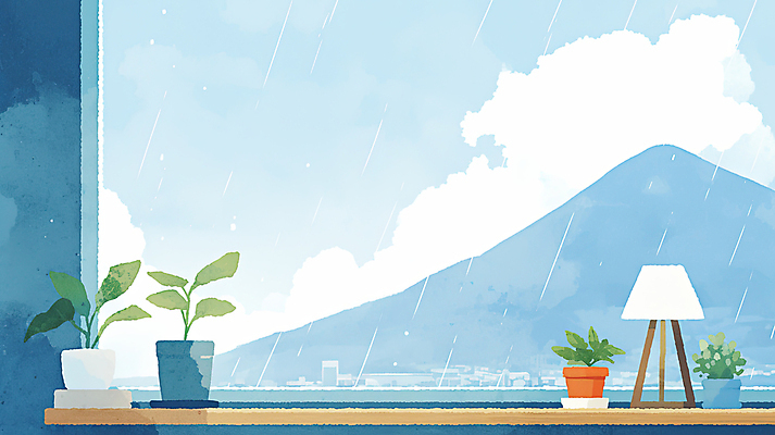 JPG 구름 화분 일러스트 하늘 조명 수채화 산 풍경 사람없음 파란색 비 창가 감성 흐림 국내일러스트 AI일러스트 AI콘텐츠 자연요소 컬러 컨셉 창문 날씨 파일형식