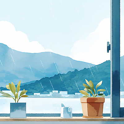 JPG 구름 화분 일러스트 하늘 수채화 산 풍경 사람없음 파란색 물뿌리개 비 창가 감성 흐림 국내일러스트 AI일러스트 AI콘텐츠 자연요소 컬러 컨셉 창문 날씨 파일형식