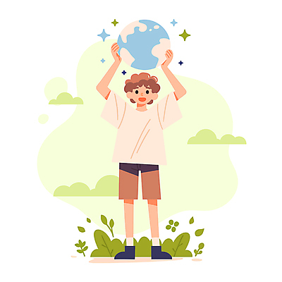 전신 구름 남자 지구 어린이 일러스트 한명 들기 소년 잔디 반짝임 에코 친환경 소년한명만 국내일러스트 AI파일 자연요소 식물 1 모션 사람 환경 남자한명만 소년만 파일형식 벡터
