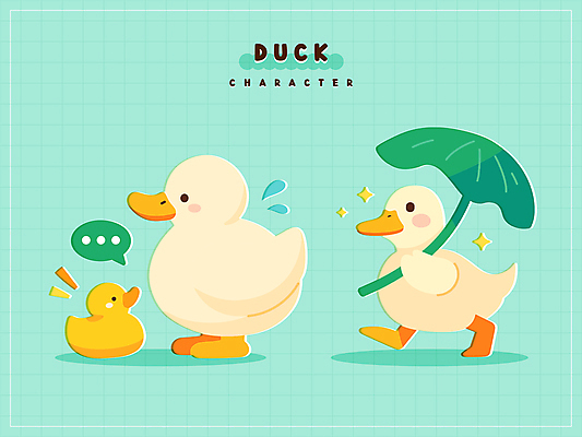 말풍선 스티커 일러스트 우산 그림자 들기 사람없음 반짝임 장난감 귀여움 연잎 땀 오리캐릭터 민트색 일러캐릭터 AI파일 캐릭터 컬러 동물캐릭터 컨셉 잎 모션 오리 파일형식 벡터