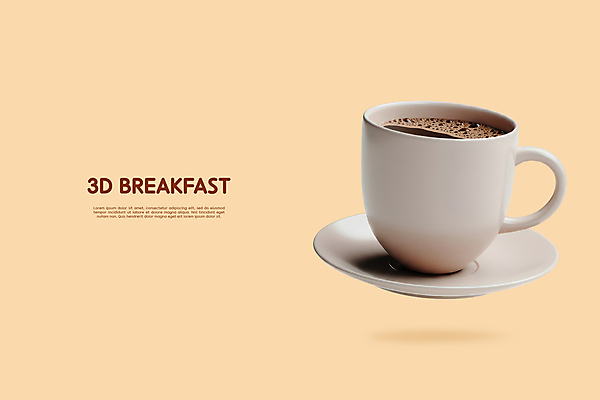 PSD 편집이미지 사람없음 갈색 3D 머그컵 아침식사 컵받침 입체 모닝커피 엘리먼트 편집3D 커피 컬러 컵 식사 받침대 디지털합성 파일형식