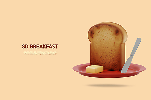 PSD 편집이미지 접시 사람없음 갈색 3D 나이프 아침식사 식빵 입체 버터 엘리먼트 편집3D 식기 빵 컬러 식사 칼 디지털합성 파일형식