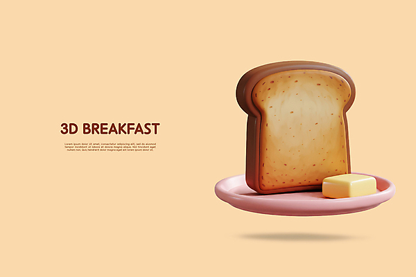 PSD 편집이미지 접시 사람없음 갈색 3D 아침식사 식빵 입체 버터 엘리먼트 편집3D 식기 빵 컬러 식사 디지털합성 파일형식
