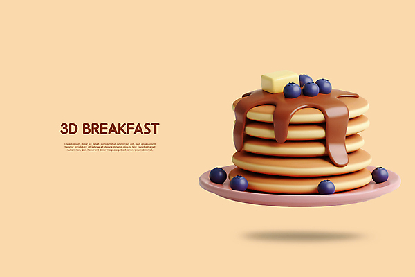 PSD 편집이미지 접시 사람없음 갈색 3D 아침식사 입체 블루베리 시럽 버터 팬케이크 엘리먼트 편집3D 식기 컬러 과일 케이크 식사 디지털합성 파일형식