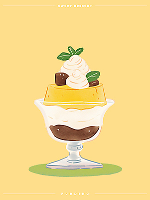 PSD 그릇 포스터 잎 일러스트 그림자 사람없음 노란색 달콤 크림 감성 푸딩 국내일러스트 식물 식기 컬러 컨셉 디저트 맛 파일형식