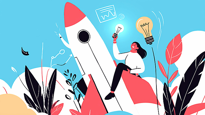 JPG 전신 여자 하늘색 일러스트 전구 아이디어 한명 들기 성인 로켓 도전 풀 발전 목표 승차 창의성 프로젝트 성인여자한명만 국내일러스트 AI일러스트 AI콘텐츠 식물 1 컨셉 모션 사람 파란색 여자한명만 성인여자만 파일형식