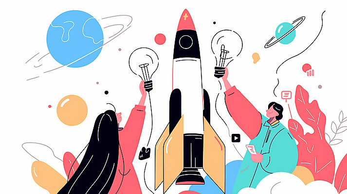 JPG 여자 남자 하늘색 일러스트 전구 아이디어 들기 상반신 성인 두명 행성 로켓 도전 풀 발전 목표 창의성 프로젝트 성인만 국내일러스트 AI일러스트 AI콘텐츠 식물 컨셉 모션 사람 파란색 우주 파일형식