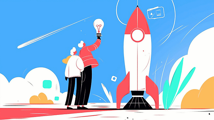 JPG 전신 남자 하늘색 일러스트 전구 아이디어 들기 성인 두명 로켓 도전 풀 발전 목표 유성 창의성 프로젝트 성인남자만 국내일러스트 AI일러스트 AI콘텐츠 식물 컨셉 모션 사람 파란색 남자만 성인만 파일형식