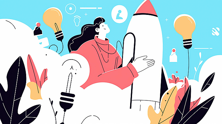 JPG 여자 하늘색 일러스트 전구 아이디어 한명 들기 상반신 성인 로켓 도전 풀 발전 목표 창의성 프로젝트 성인여자한명만 국내일러스트 AI일러스트 AI콘텐츠 식물 1 컨셉 모션 사람 파란색 여자한명만 성인여자만 파일형식