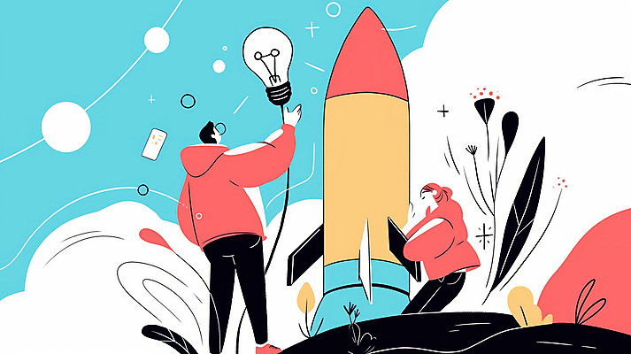 JPG 여자 남자 하늘색 일러스트 전구 아이디어 들기 상반신 성인 두명 로켓 도전 풀 발전 목표 창의성 프로젝트 성인만 국내일러스트 AI일러스트 AI콘텐츠 식물 컨셉 모션 사람 파란색 파일형식