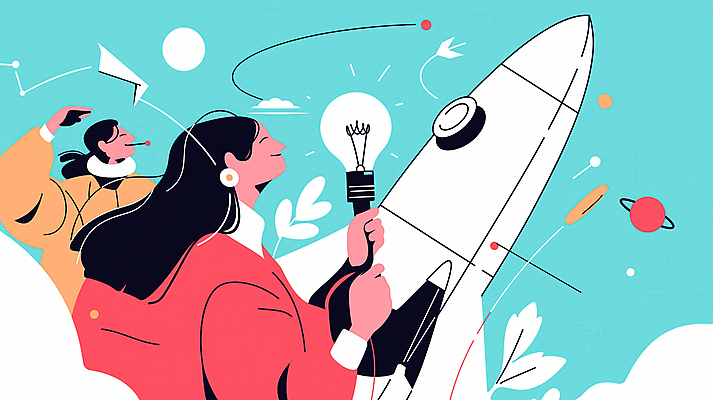 JPG 여자 하늘색 일러스트 전구 아이디어 들기 상반신 성인 두명 행성 로켓 도전 풀 발전 목표 창의성 프로젝트 성인여자만 국내일러스트 AI일러스트 AI콘텐츠 식물 컨셉 모션 사람 파란색 우주 여자만 성인만 파일형식