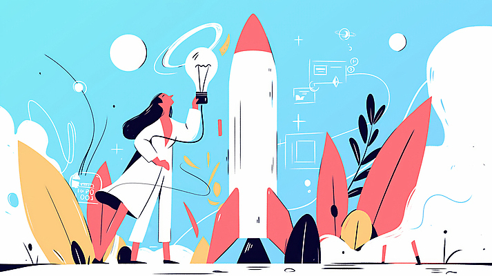 JPG 전신 여자 하늘색 일러스트 전구 아이디어 한명 들기 성인 로켓 도전 풀 발전 목표 창의성 프로젝트 성인여자한명만 국내일러스트 AI일러스트 AI콘텐츠 식물 1 컨셉 모션 사람 파란색 여자한명만 성인여자만 파일형식