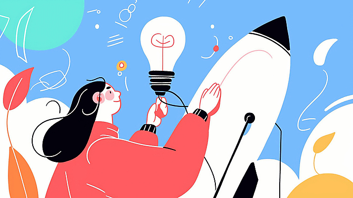 JPG 여자 하늘색 일러스트 전구 아이디어 한명 들기 상반신 성인 로켓 도전 풀 발전 목표 창의성 프로젝트 성인여자한명만 국내일러스트 AI일러스트 AI콘텐츠 식물 1 컨셉 모션 사람 파란색 여자한명만 성인여자만 파일형식