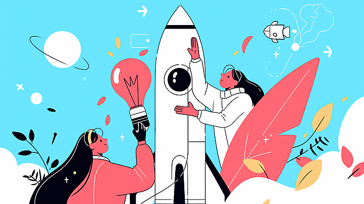 JPG 여자 화살표 하늘색 일러스트 전구 아이디어 들기 상반신 성인 두명 행성 로켓 도전 풀 발전 목표 창의성 프로젝트 성인여자만 국내일러스트 AI일러스트 AI콘텐츠 식물 컨셉 모션 사람 파란색 우주 여자만 성인만 파일형식
