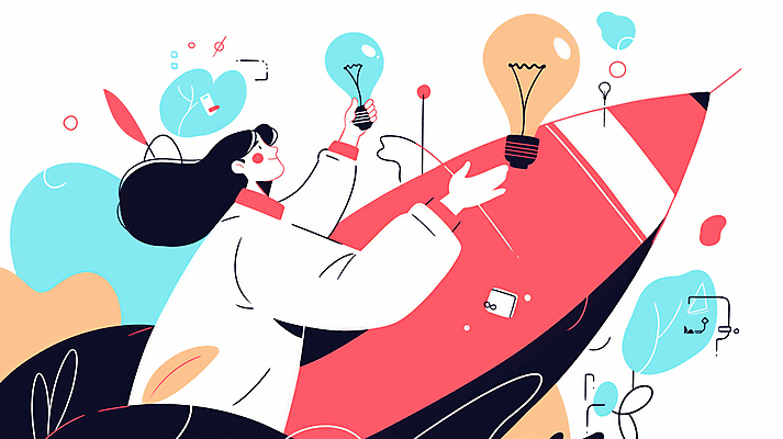 JPG 여자 하늘색 일러스트 전구 아이디어 한명 들기 상반신 성인 로켓 도전 풀 발전 목표 창의성 프로젝트 성인여자한명만 국내일러스트 AI일러스트 AI콘텐츠 식물 1 컨셉 모션 사람 파란색 여자한명만 성인여자만 파일형식