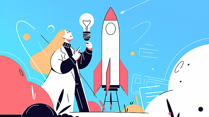 JPG 여자 하늘색 일러스트 전구 아이디어 한명 들기 상반신 성인 로켓 도전 가리킴 풀 발전 목표 창의성 프로젝트 성인여자한명만 국내일러스트 AI일러스트 AI콘텐츠 식물 1 컨셉 모션 사람 손짓 파란색 여자한명만 성인여자만 파일형식