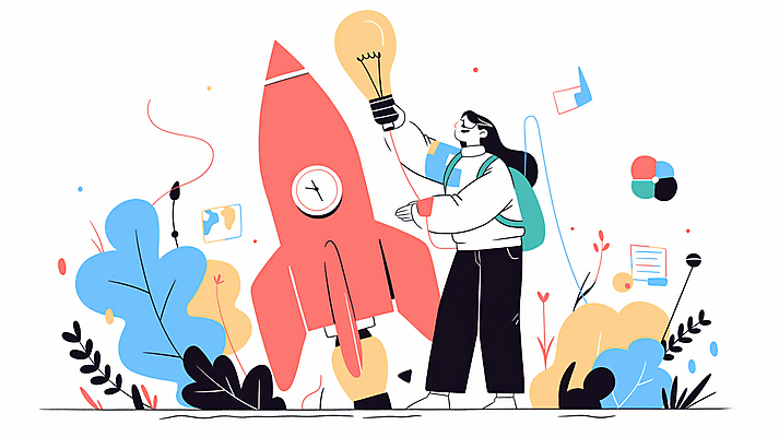 JPG 전신 여자 하늘색 일러스트 전구 아이디어 한명 들기 성인 로켓 도전 풀 발전 목표 창의성 프로젝트 성인여자한명만 국내일러스트 AI일러스트 AI콘텐츠 식물 1 컨셉 모션 사람 파란색 여자한명만 성인여자만 파일형식