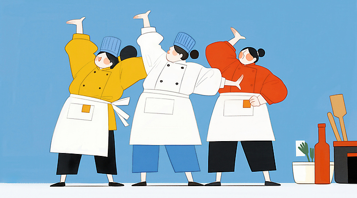 JPG 전신 여자 일러스트 주방용품 협력 요리사모자 요리 성인 세명 주방 요리사 앞치마 춤 즐거움 퍼포먼스 얼굴없음 성인여자만 국내일러스트 AI일러스트 AI콘텐츠 직업 모자_잡화 감정 생활용품 문화예술 사람 여자만 성인만 파일형식