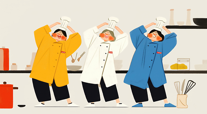 JPG 전신 여자 일러스트 주방용품 협력 요리사모자 요리 성인 세명 주방 요리사 앞치마 춤 즐거움 퍼포먼스 성인여자만 국내일러스트 AI일러스트 AI콘텐츠 직업 모자_잡화 감정 생활용품 문화예술 사람 여자만 성인만 파일형식