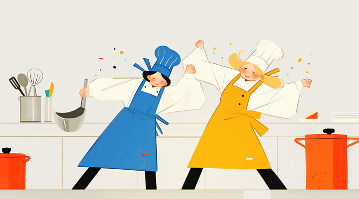 JPG 전신 여자 일러스트 주방용품 협력 요리사모자 요리 성인 두명 주방 요리사 앞치마 춤 즐거움 퍼포먼스 성인여자만 국내일러스트 AI일러스트 AI콘텐츠 직업 모자_잡화 감정 생활용품 문화예술 사람 여자만 성인만 파일형식