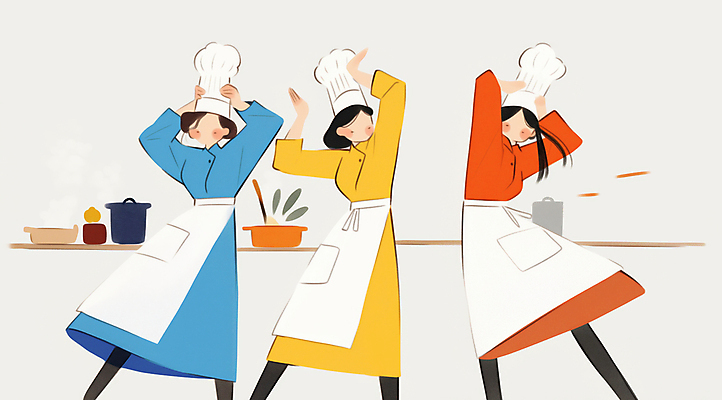 JPG 전신 여자 일러스트 주방용품 협력 요리사모자 요리 성인 세명 주방 요리사 앞치마 춤 즐거움 퍼포먼스 얼굴없음 성인여자만 국내일러스트 AI일러스트 AI콘텐츠 직업 모자_잡화 감정 생활용품 문화예술 사람 여자만 성인만 파일형식