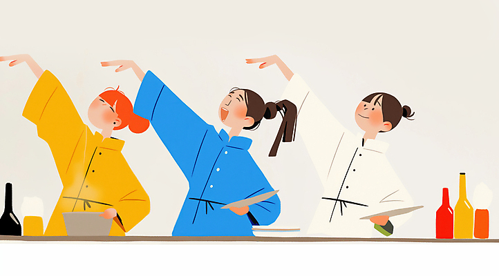 JPG 여자 일러스트 주방용품 협력 요리사모자 요리 들기 상반신 성인 세명 주방 요리사 앞치마 춤 즐거움 퍼포먼스 성인여자만 국내일러스트 AI일러스트 AI콘텐츠 직업 모자_잡화 감정 생활용품 모션 문화예술 사람 여자만 성인만 파일형식