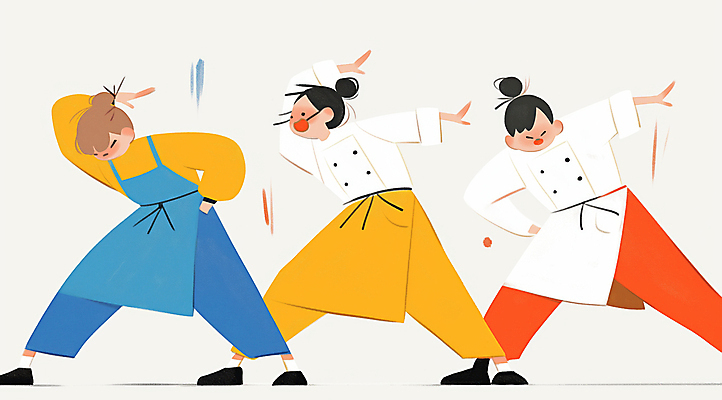 JPG 전신 여자 일러스트 협력 요리사모자 요리 성인 세명 주방 요리사 앞치마 춤 즐거움 퍼포먼스 성인여자만 국내일러스트 AI일러스트 AI콘텐츠 직업 모자_잡화 감정 문화예술 사람 여자만 성인만 파일형식