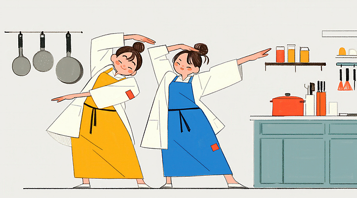 JPG 전신 여자 일러스트 주방용품 협력 요리사모자 요리 성인 두명 주방 요리사 앞치마 춤 즐거움 퍼포먼스 성인여자만 국내일러스트 AI일러스트 AI콘텐츠 직업 모자_잡화 감정 생활용품 문화예술 사람 여자만 성인만 파일형식