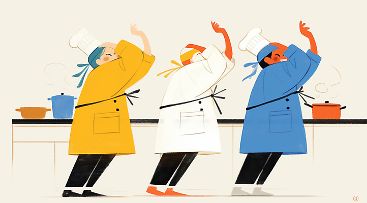 JPG 전신 남자 일러스트 주방용품 협력 요리사모자 요리 성인 세명 주방 요리사 앞치마 춤 즐거움 퍼포먼스 성인남자만 국내일러스트 AI일러스트 AI콘텐츠 직업 모자_잡화 감정 생활용품 문화예술 사람 남자만 성인만 파일형식