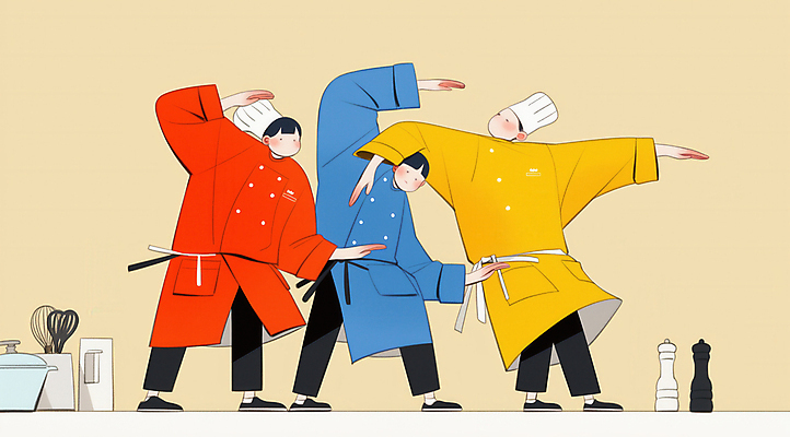 JPG 전신 여자 남자 일러스트 주방용품 협력 요리사모자 요리 성인 세명 주방 요리사 앞치마 춤 즐거움 퍼포먼스 성인만 국내일러스트 AI일러스트 AI콘텐츠 직업 모자_잡화 감정 생활용품 문화예술 사람 파일형식