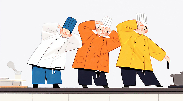 JPG 전신 남자 일러스트 주방용품 협력 요리사모자 요리 성인 세명 주방 요리사 앞치마 춤 즐거움 퍼포먼스 성인남자만 국내일러스트 AI일러스트 AI콘텐츠 직업 모자_잡화 감정 생활용품 문화예술 사람 남자만 성인만 파일형식