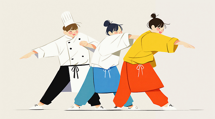 JPG 전신 여자 일러스트 협력 요리사모자 요리 성인 세명 주방 요리사 앞치마 춤 즐거움 퍼포먼스 성인여자만 국내일러스트 AI일러스트 AI콘텐츠 직업 모자_잡화 감정 문화예술 사람 여자만 성인만 파일형식