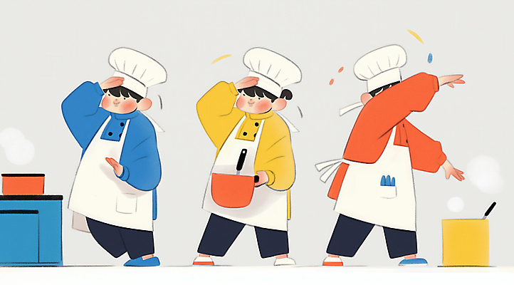 JPG 전신 여자 남자 일러스트 주방용품 협력 요리사모자 요리 들기 성인 세명 주방 요리사 앞치마 춤 즐거움 퍼포먼스 성인만 국내일러스트 AI일러스트 AI콘텐츠 직업 모자_잡화 감정 생활용품 모션 문화예술 사람 파일형식