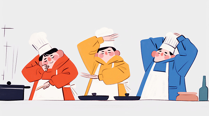 JPG 남자 일러스트 주방용품 협력 요리사모자 요리 상반신 성인 세명 주방 요리사 앞치마 춤 즐거움 퍼포먼스 성인남자만 국내일러스트 AI일러스트 AI콘텐츠 직업 모자_잡화 감정 생활용품 문화예술 사람 남자만 성인만 파일형식