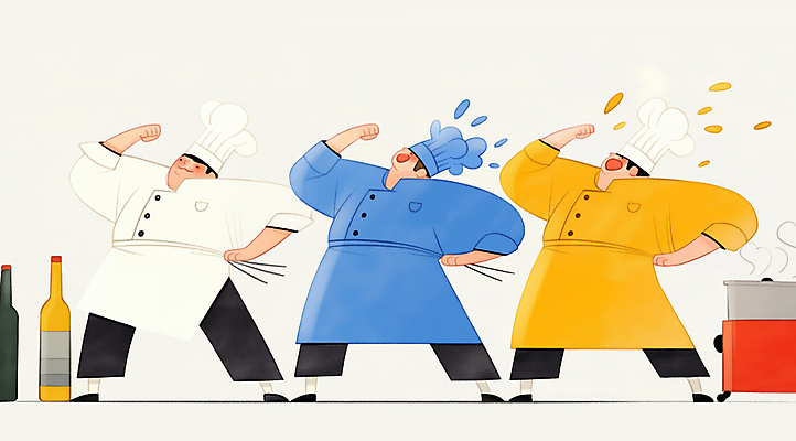 JPG 전신 남자 일러스트 주방용품 협력 요리사모자 요리 성인 세명 주방 요리사 앞치마 춤 즐거움 퍼포먼스 성인남자만 국내일러스트 AI일러스트 AI콘텐츠 직업 모자_잡화 감정 생활용품 문화예술 사람 남자만 성인만 파일형식