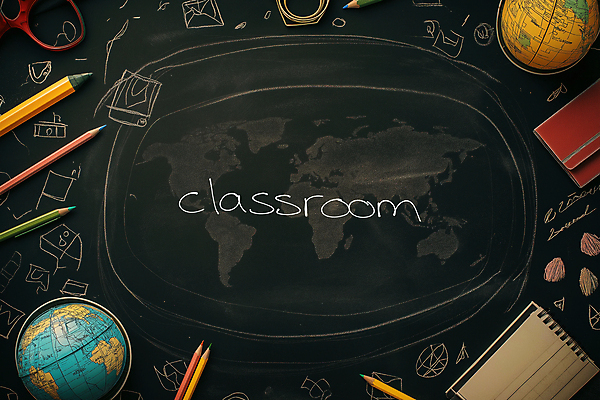 JPG 편집이미지 교실 색연필 사람없음 초록색 연필 지구본 칠판 낙서 분필 크레파스 스프링노트 카피스페이스 편집실사 AI컴퓨터그래픽 AI콘텐츠 교육 컬러 학교 학용품 필기구 공책 공백 CG 초크 파일형식