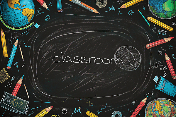 JPG 편집이미지 교실 색연필 사람없음 연필 지구본 검은색 칠판 낙서 분필 크레파스 스프링노트 카피스페이스 편집실사 AI컴퓨터그래픽 AI콘텐츠 교육 컬러 학교 학용품 필기구 공책 공백 CG 초크 파일형식