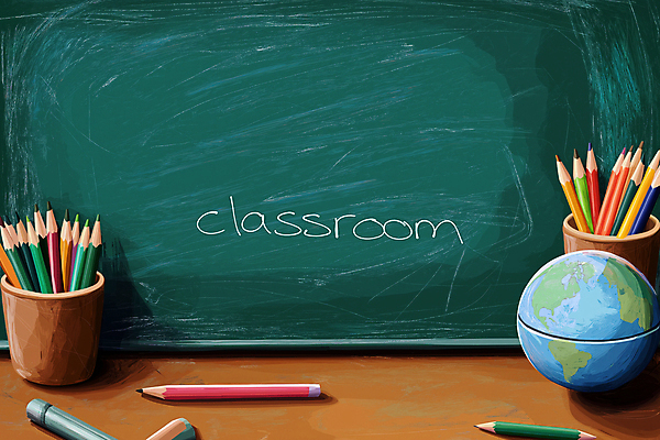 JPG 편집이미지 교실 색연필 사람없음 초록색 연필 지구본 칠판 낙서 분필 크레파스 스프링노트 카피스페이스 편집실사 AI컴퓨터그래픽 AI콘텐츠 교육 컬러 학교 학용품 필기구 공책 공백 CG 초크 파일형식